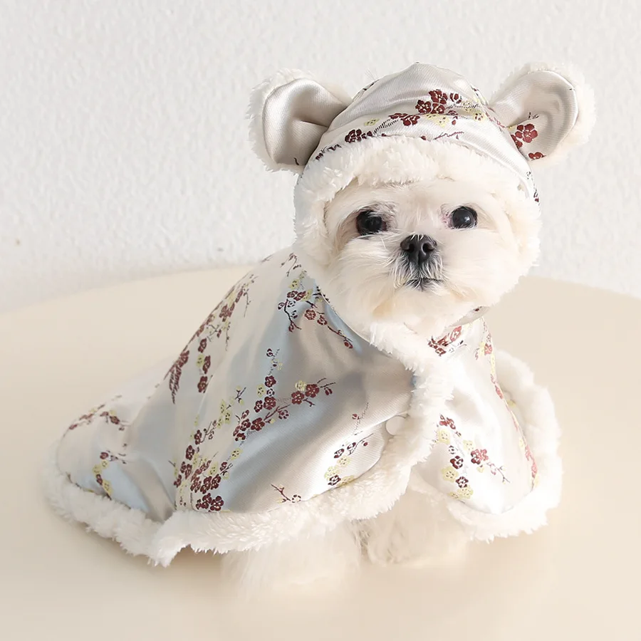 

Mutihome Japanese Flower Printed Pet Clothing Winter Tang Style Nightgown Autumn And Winter Thick Cloak Teddy Pet Dot Clothes