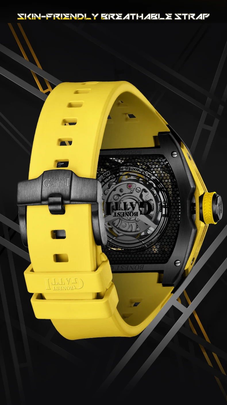 BONEST GATTI Orologio automatico da uomo 46MM Moda Tonneau Orologio da polso meccanico 50M Impermeabile Zaffiro Luminoso Viton Strap Sport