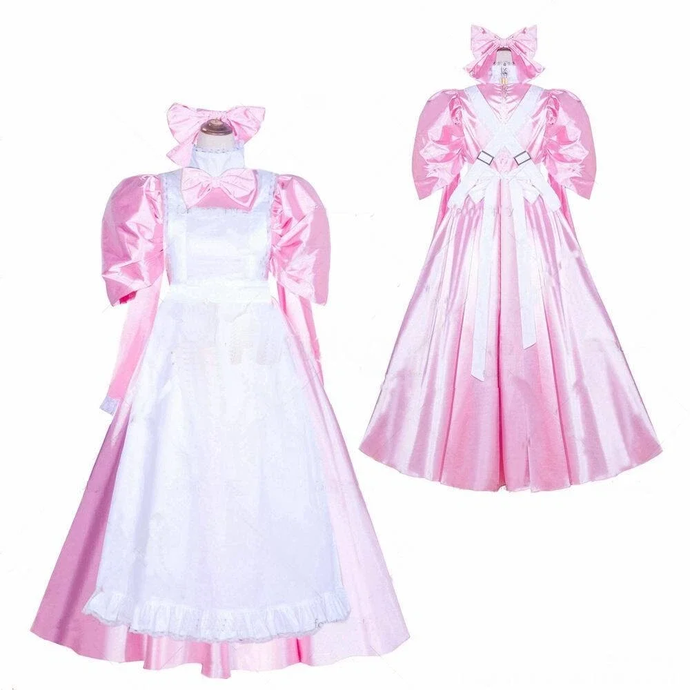 

Sexy Sissy French Maid Pink Satin Lockable Robe Dress Cosplay Costume Customizable