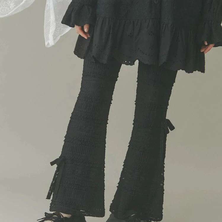 

Japanese Wind Cute Bow Spring Summer Lace Bottoming Pants Elastic Waist Elegant Flare Pants Stretch High Waist Princess Leggings