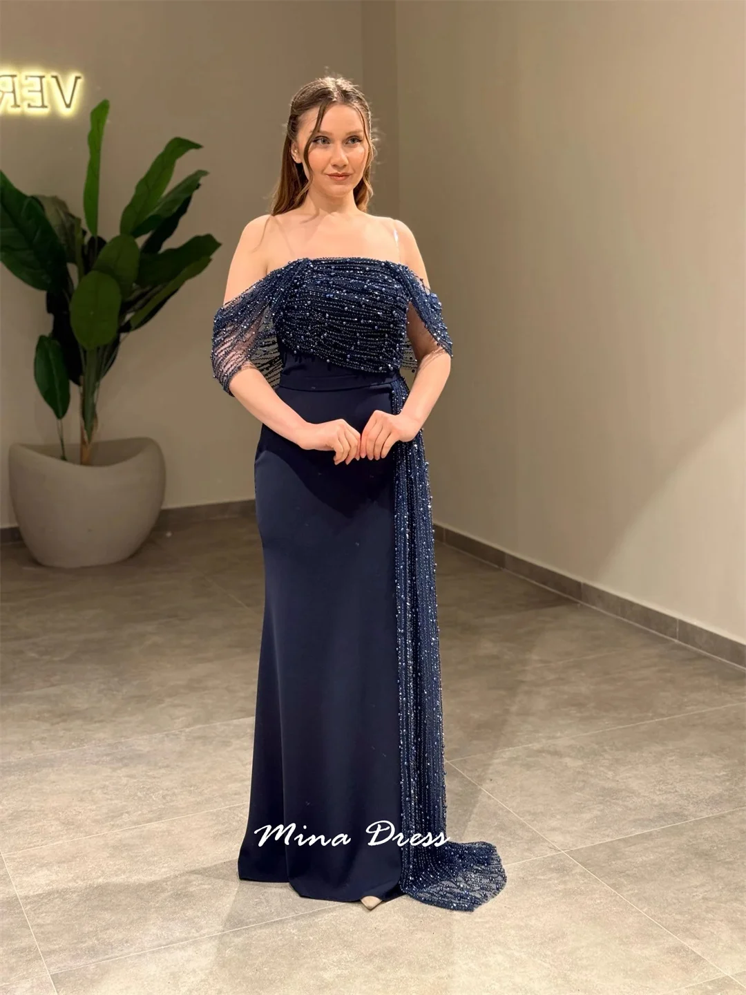 

Вечернее платье с бусинами на заказ, роскошные элегантные вечерние платья, женские платья на одно плечо со шлейфом по бокам, платья для торжественных случаев, темно-синие