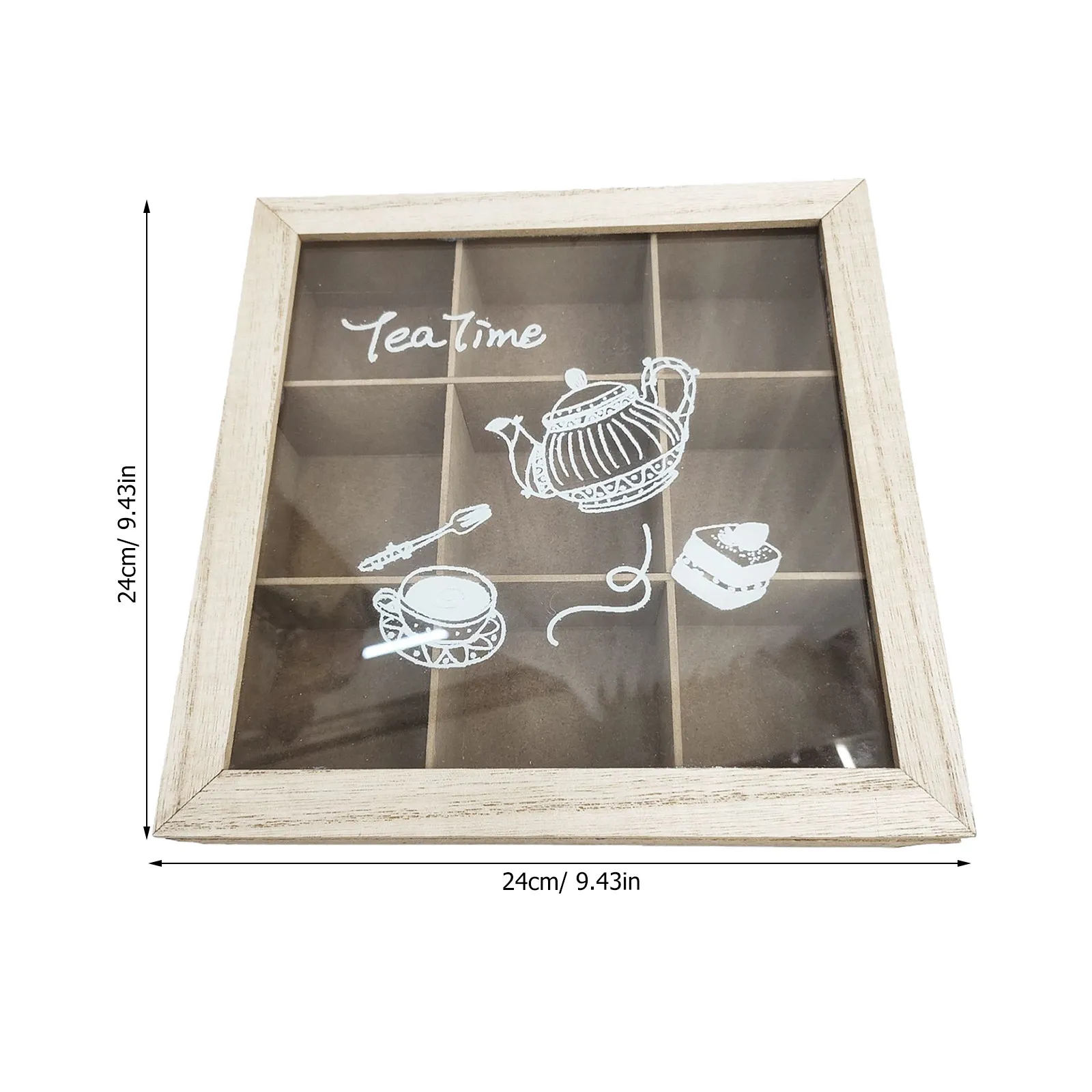 Wooden Tea Storage Organizer Box 9 Compartments Glass Lid Rustic Coffee Bar Station Coffee Packet Container Tea Bag Holder