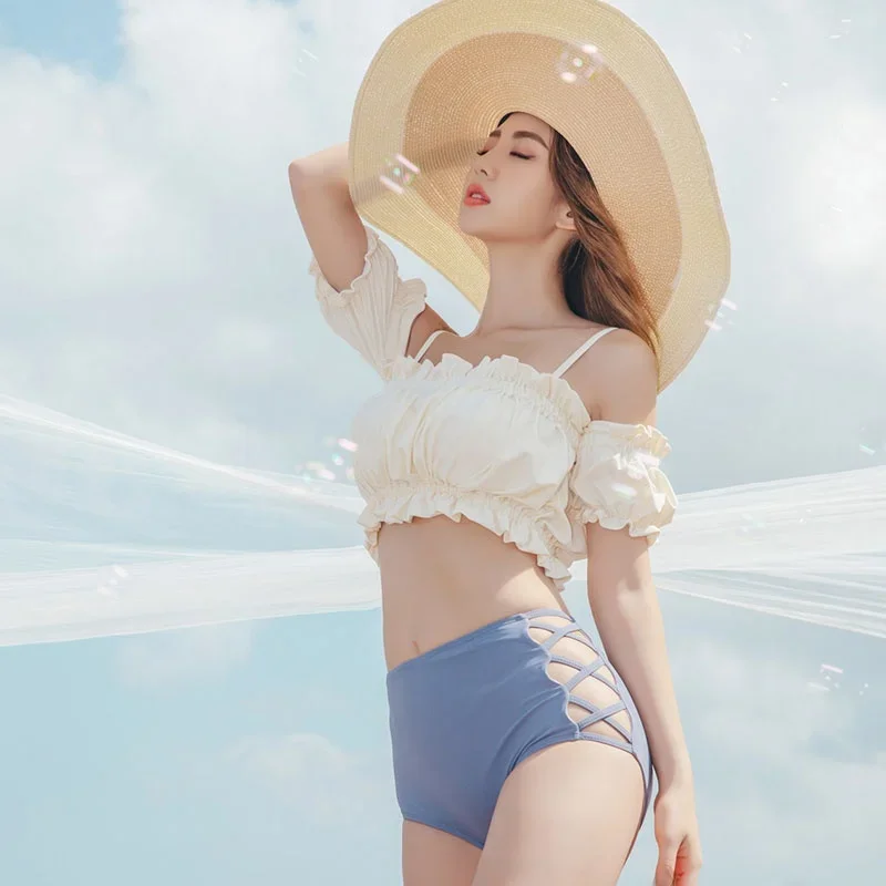 New Women's Conservative e Bikini Two-Piece Set Small Fraance Sle Thermal Spring Swimsuit Nylon Spandex One-oulder