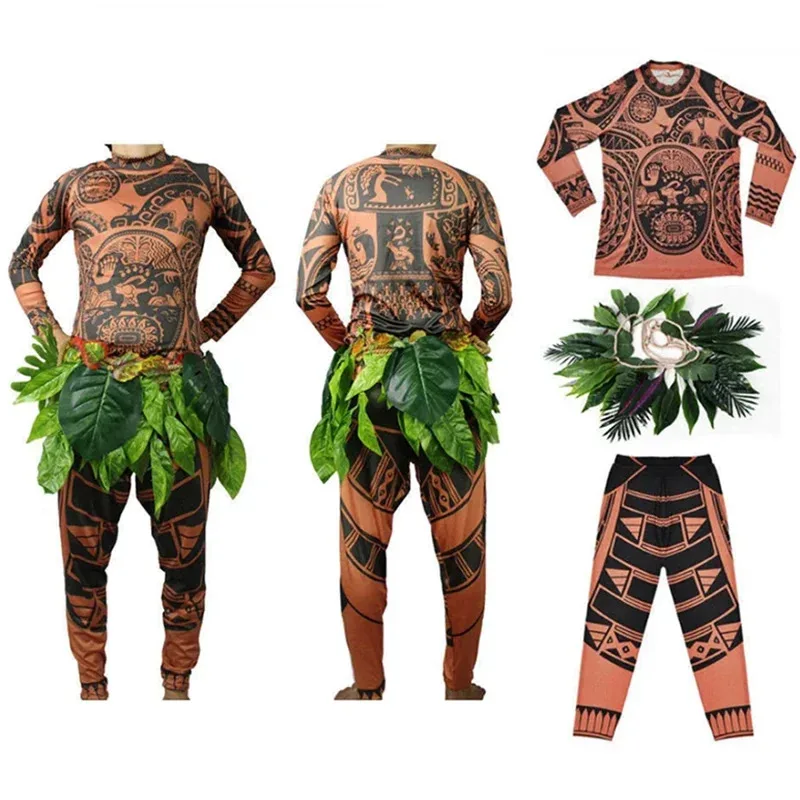 2025 New 3PCS Maui Tattoo Cosplay Costume Adult Child Halloween Anime Moana Girls Boys Party Carnival Cosplayer Clothing Suit
