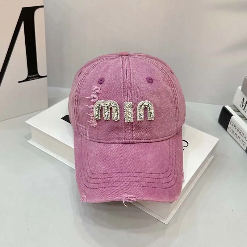 Topi Baseball Gaya Amerika dengan Kristal, Model Snapback untuk Wanita, Cocok untuk Jalan-Jalan, Bahan Denim Acid Wash, Model Visor