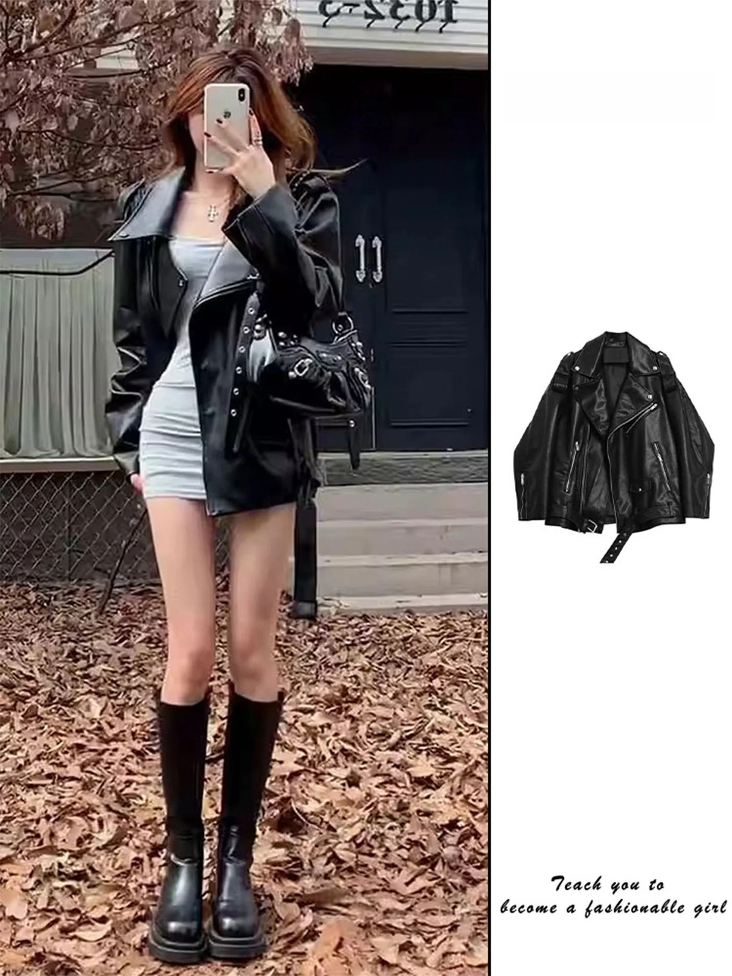 

Cool Leather Jaet Women's Motorcycle Sle Bla Trendy Autumn Outerwear Ladies Faion Design Long Sve Zipper Closure