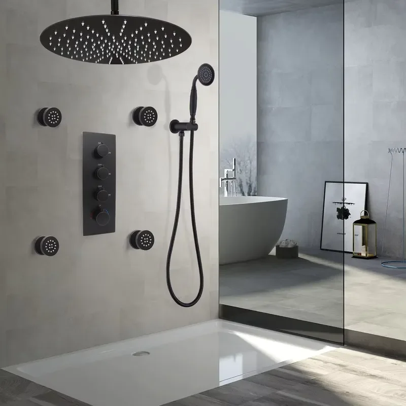 4-Piece Matte Black Ceramic Adjustable Flow Brass Shower Body Jets Spa Soft Contemporary Design Wall Sprayer Set for Hotels