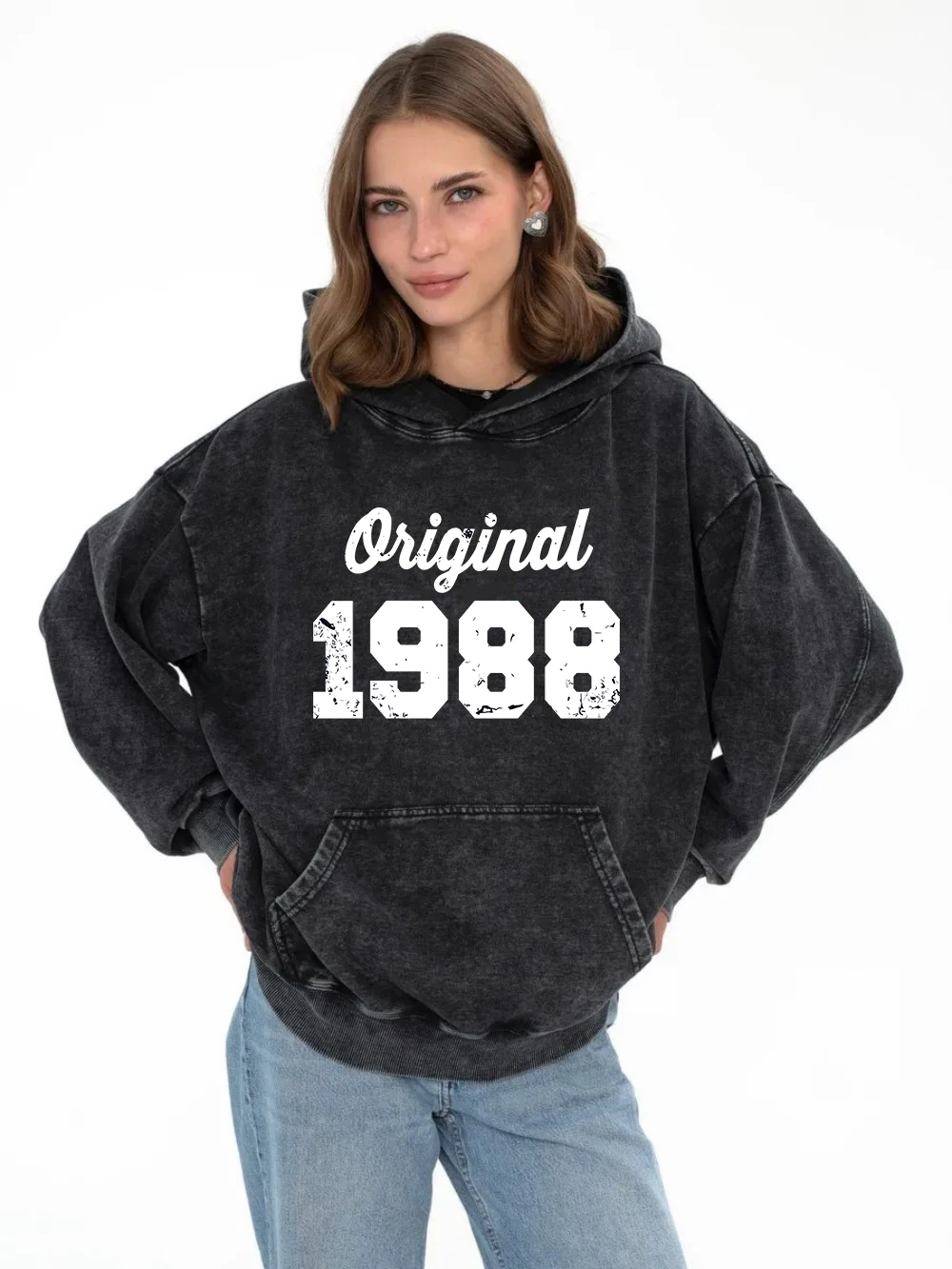 

Street Womens Washed Hoodie Original 1988 White Letter Printing Sweatshirt Retro Oversize Cotton Hoody Casual Couple Clothes