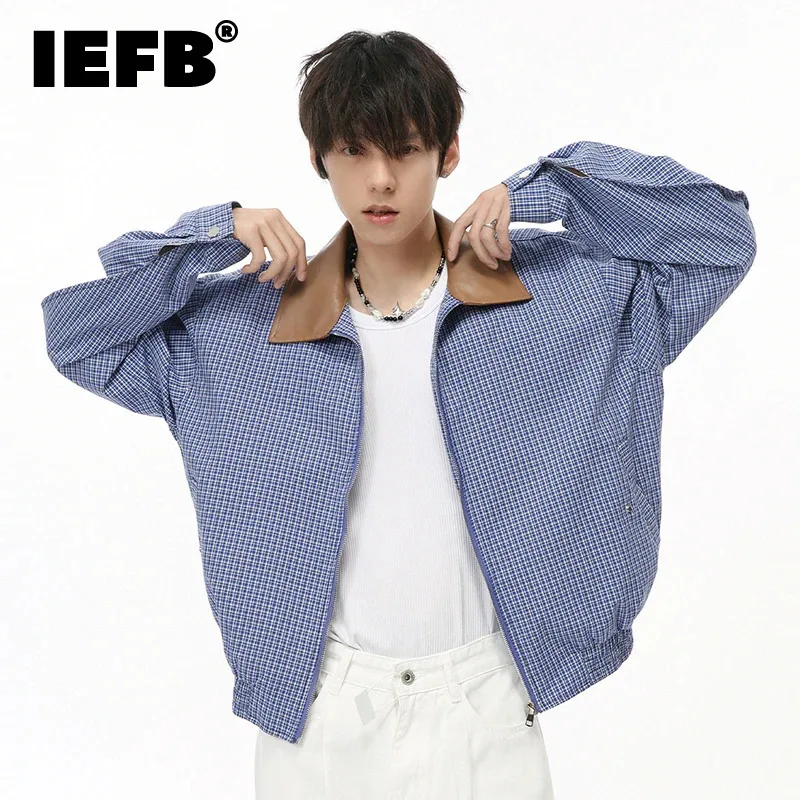 

IEFB Korean Design Men's Jackets Pu Leather Patchwork Plaid Shoulder Pads Zipper Contrast Color Male Coats New Stylish 9C7419