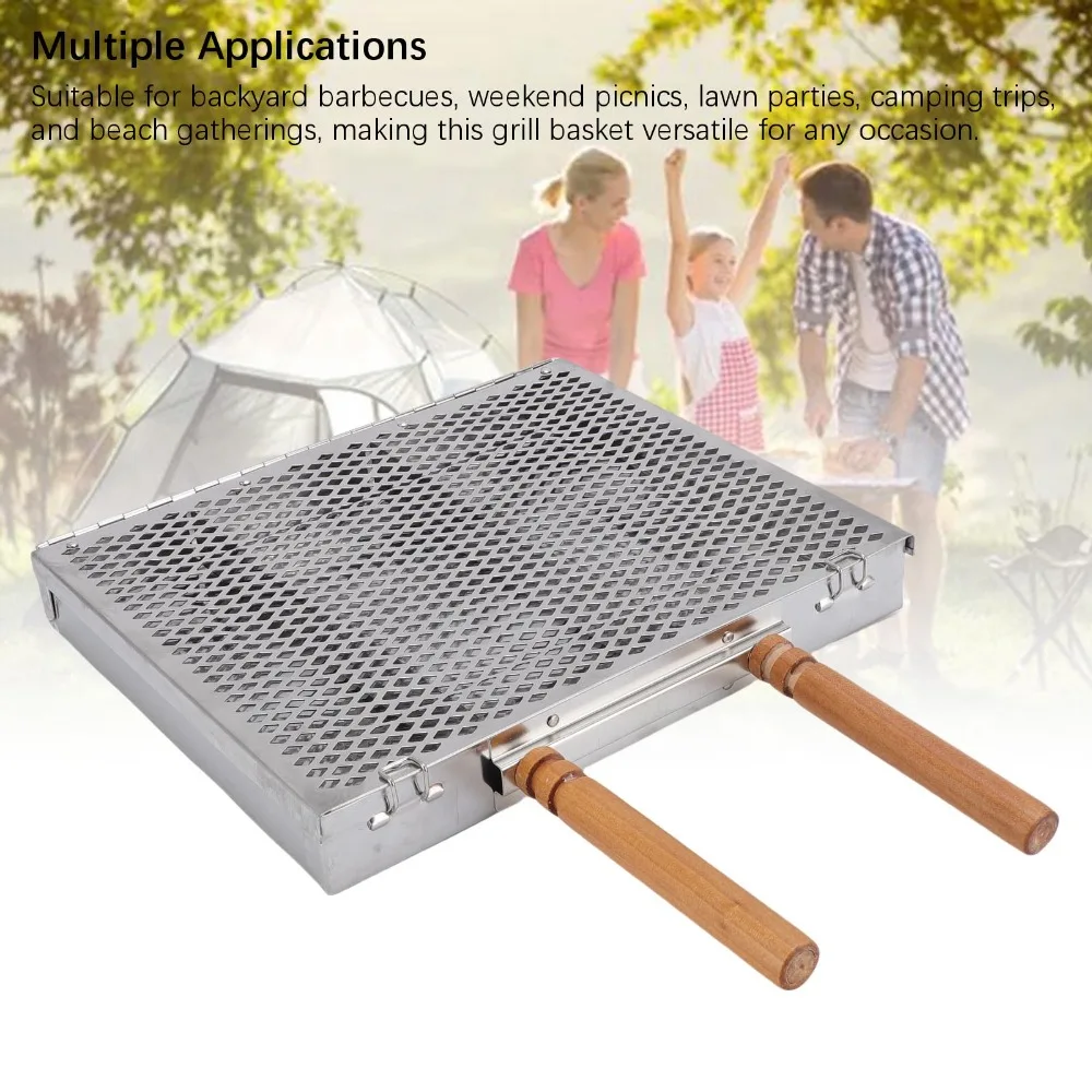 Stainless Steel BBQ Grilling Basket Detachable Dividers Silver Grilling Net Basket Double Handle Portable Grill Basket