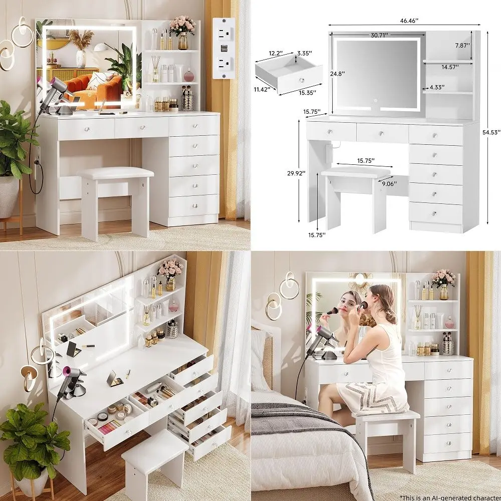 Black Vanity Desk, Vanity Mirror with Lights, Makeup Desk with Stool, Makeup Table with Large Storage Drawers and Shelves, Time