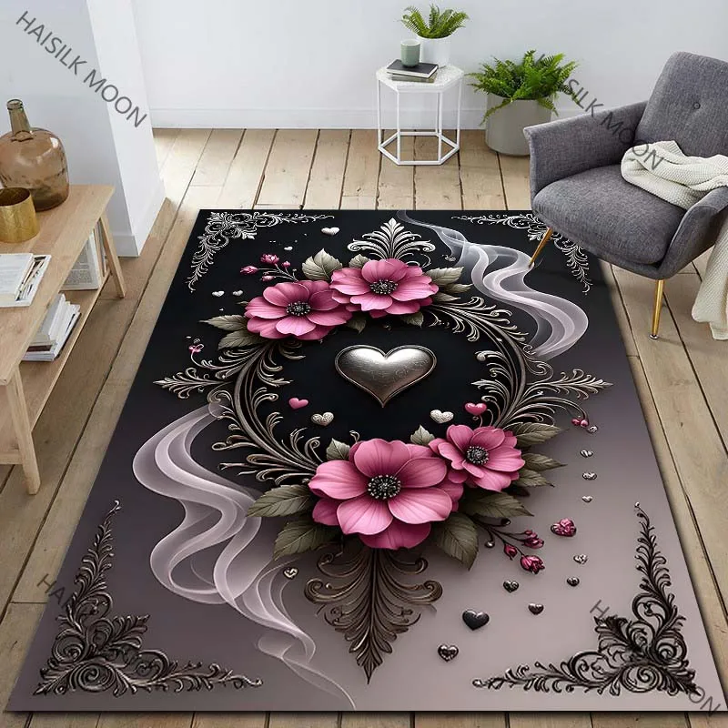 Heart-shaped Floral Gothic Style Pattern Carpet for Living Room Bedroom Sofa Home Decor Non-slip Floor Mat Luxury Gift