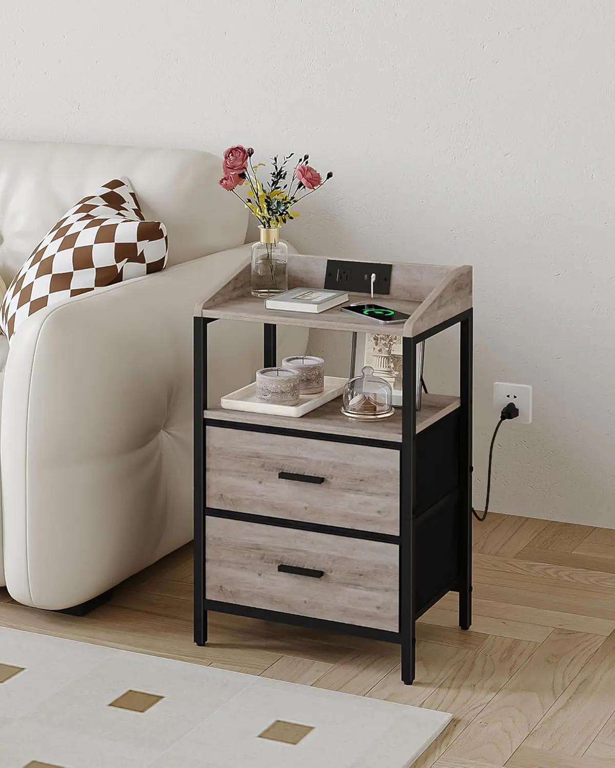 

with Charging Station, End Table with 2 Fabric Storage Drawers and Shelves, Modern Side Table with USB Ports & Power Outlets