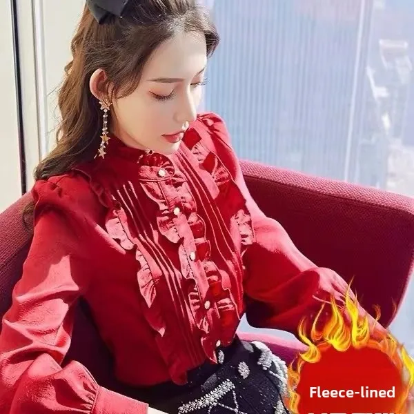 

Faionable Young Stand Collar Red Slim Fit Chiffon irt Commute Sle Long Sve Button up Women's irt Autumn Winter New...