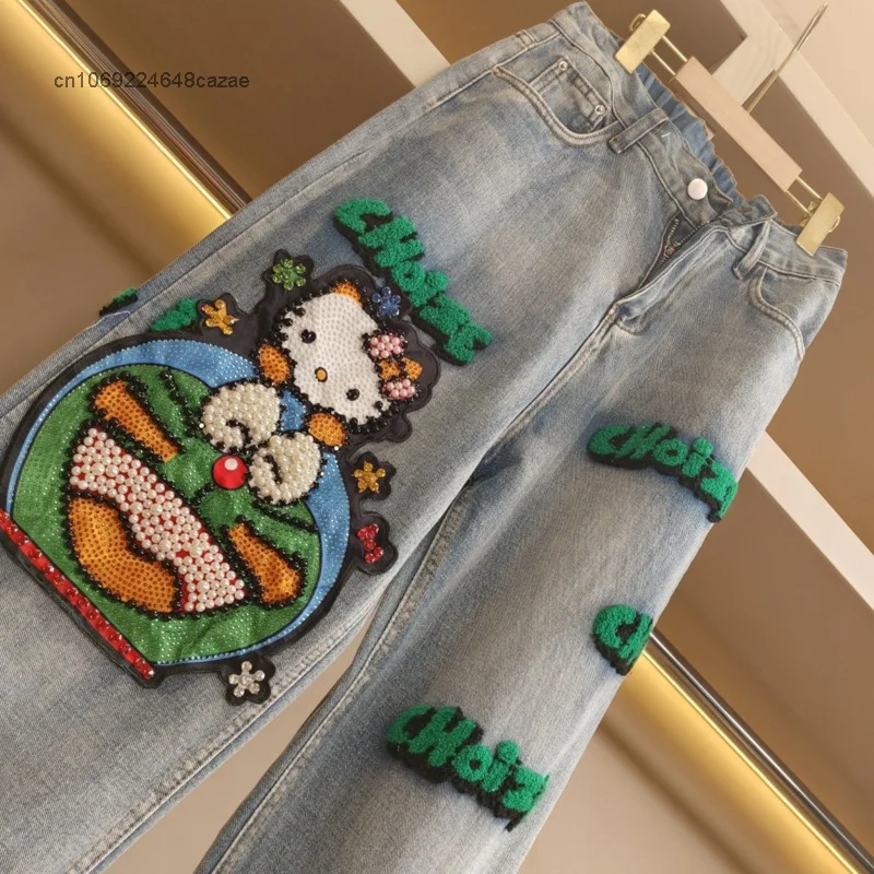 Imagem -02 - Sanrio Hello Kitty Desenho Animado Anime Jeans Feminino Calças Finas de Cintura Alta para Meninas Calças Femininas de Perna Larga da Moda Coreano de Rua e Especiarias Y2k