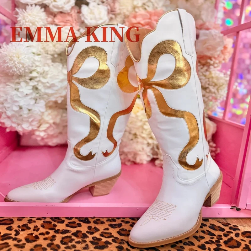 الوردي القوس الأحذية الغربية النساء منتصف الارتفاع كعب الركبة عالية التمهيد السيدات الشتاء أشار تو سحب على الأحذية السيدات أحذية أنيقة كبيرة 44