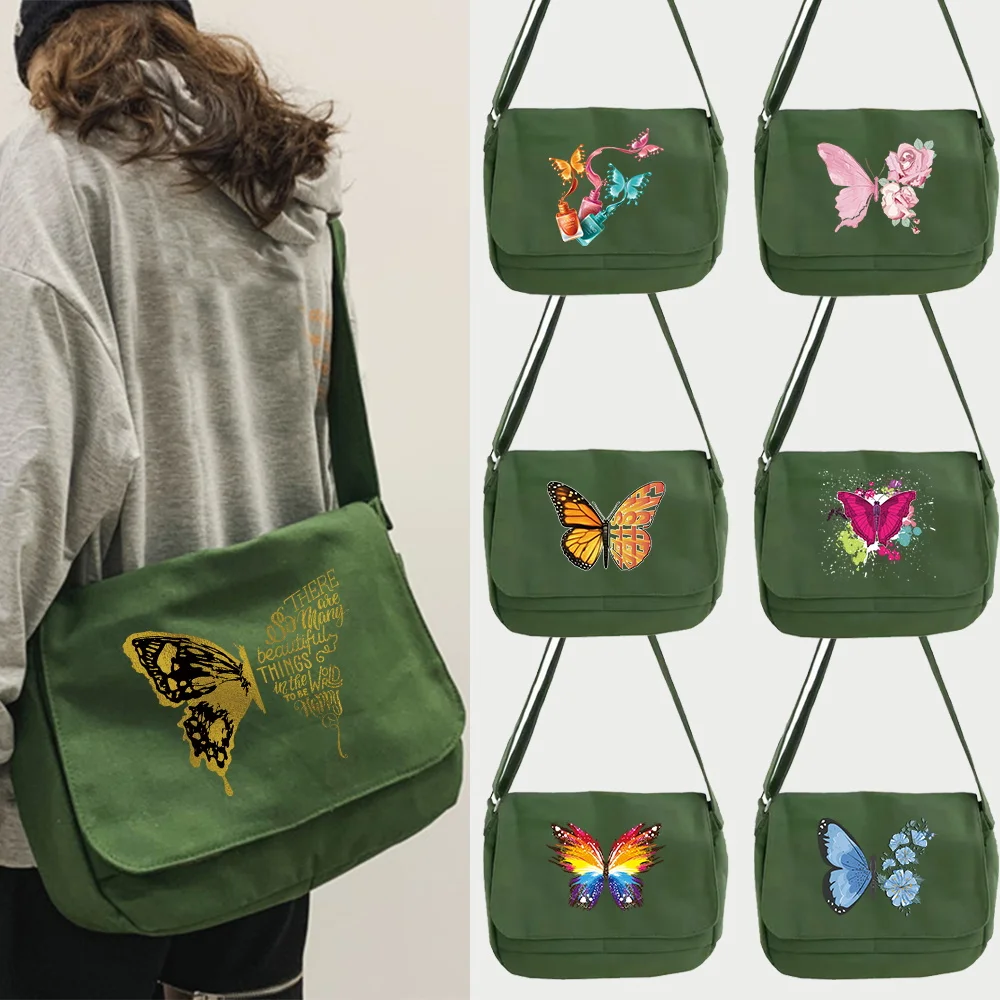 Messenger Women's Bag Canvas Butterfly Pattern Shoulder Bags 2026 School Travel Crossbody Bag Portable Large Capacity Handbag