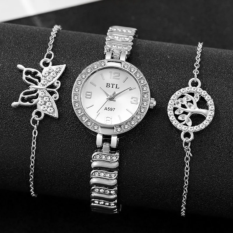 Ladies' new trend round diamond dial steel strap quartz watch fashionable diamond bracelet noble atmosphere holiday gift