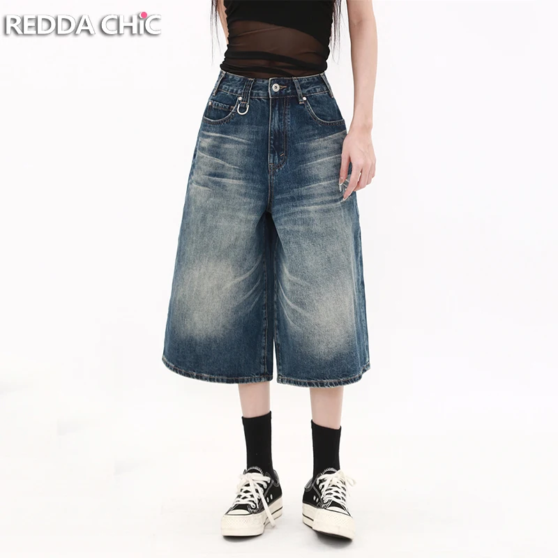 

REDDACHiC 2000s Distressed Denim Bermuda Pants Women's Jorts Casual Summer Whiskers Low Rise Wide Leg Jean Shorts 90s Streetwear