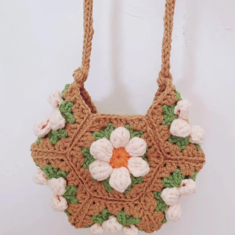 Handmade crocheted and patterned handbag, small and cute, with a cute puff flower mobile phone bag, exquisite and beautiful