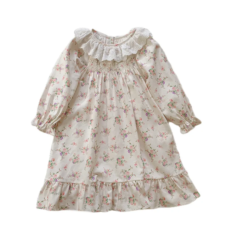 Lace ruffle collar sweet girl dress2025Autumn Korean Style Floral Children's Cotton Cake Dress Princess Dress
