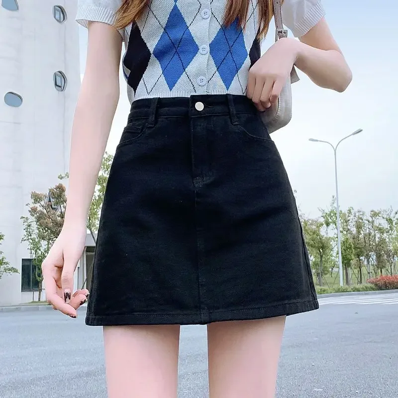 Mini with Pocket High Waist Female Jeans Skirts Women's Denim Skirt Short Zipper Tight Black Wrap A Line Aesthetic Y2k Vintage V