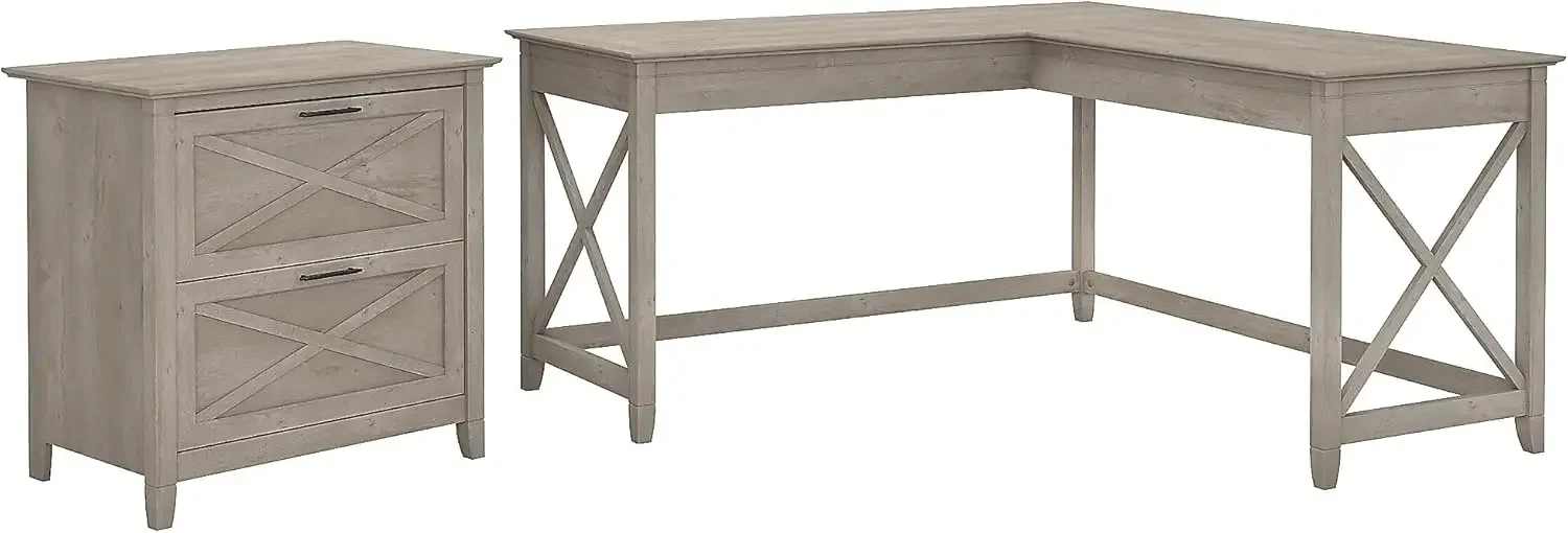 Bush Furniture Key West 60W L Shaped Desk with 2 Drawer Lateral File Cabinet in Washed Gray