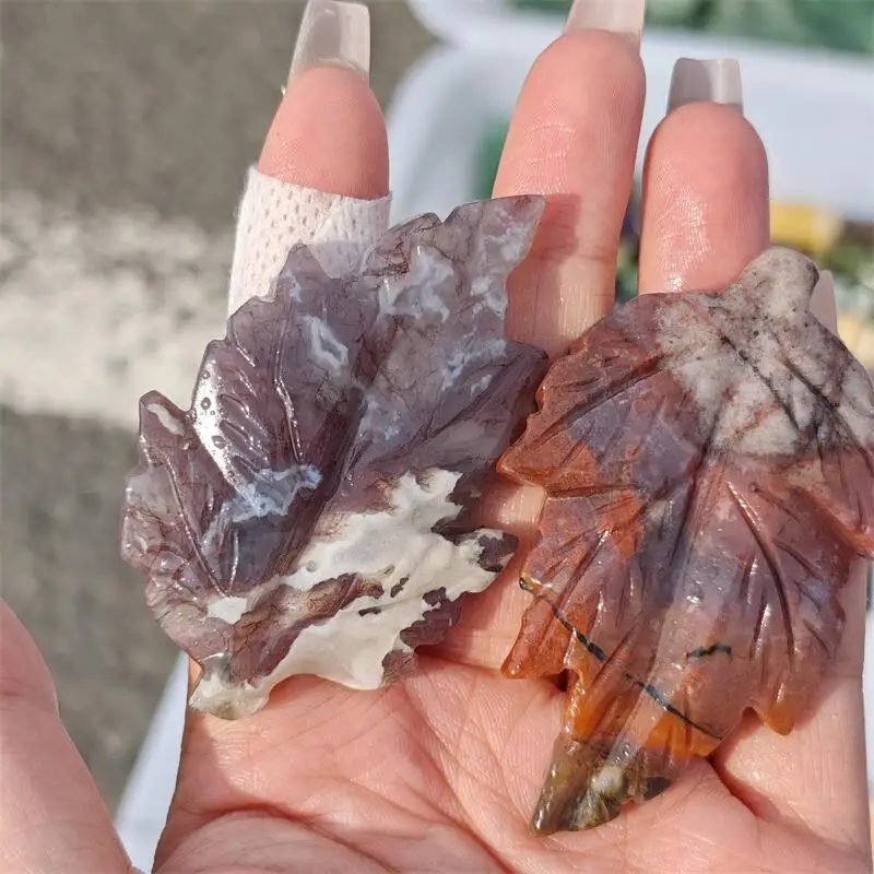Natural Moss Agate Quartz Jade Leaf Carving Crystal Love Healing Fengshui Gemstones HomeDecoration Holiday Gift 1PCS