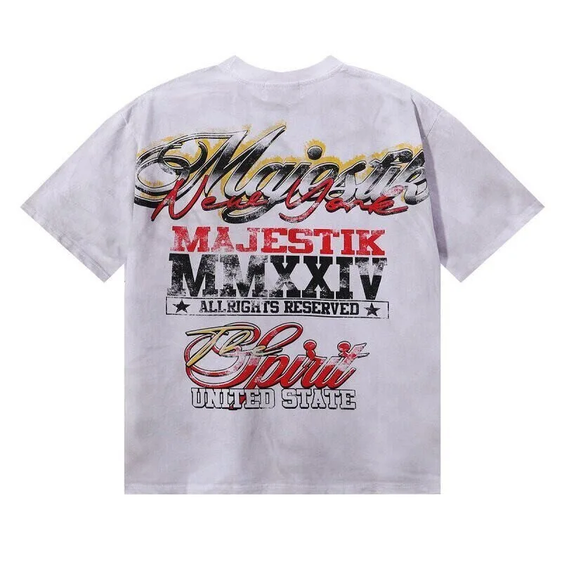 MAJESTIK American-style street Liberty Goddess print washed and distressed sequined trendy loose short-sleeved T-shirt