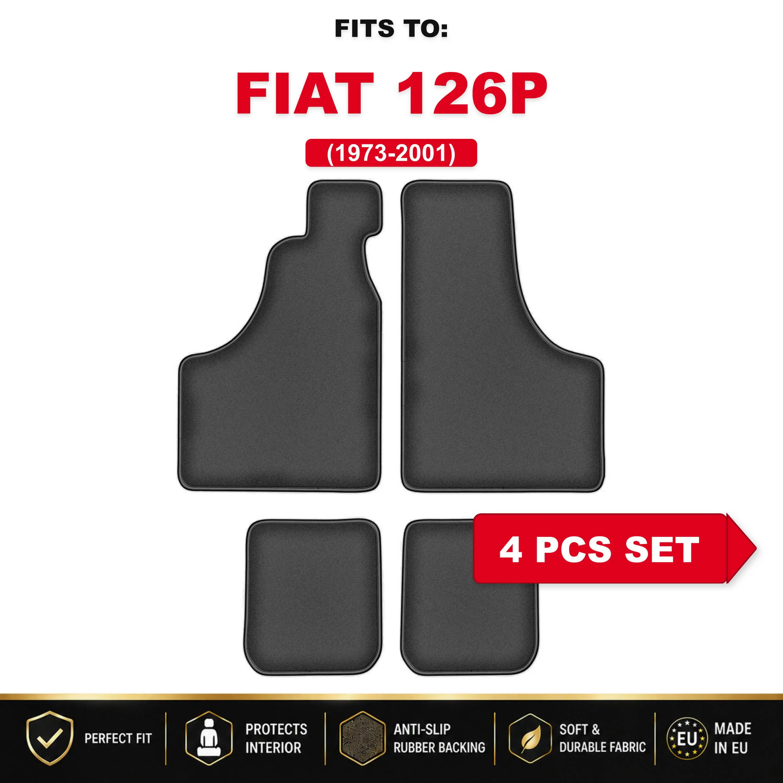 Premium velours autovloermatten, 4 stuks Voor: Fiat 126P 1973–2001 n.v.t., autospecifieke automatten, set