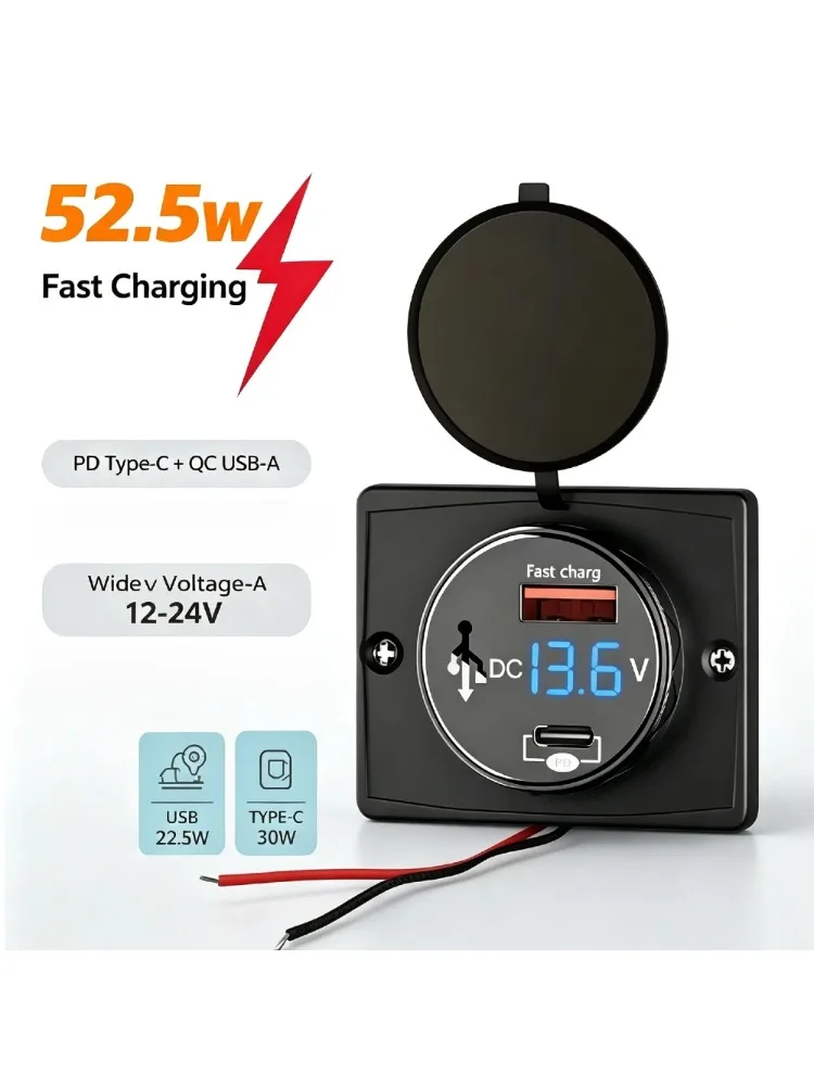 AliExpress NONE Dual Port Car USB Socket 52.5W PD QC Fast Charger LED Voltage Meter Waterproof Power Outlet for Car Bike Boat RV Truck