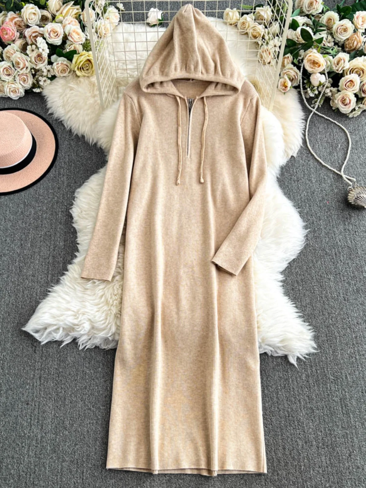 French Style Long Sleeved Hooded Sweatshirt Dress for Women Autumn Temperament Solid Color Loose Long Dresses Female Clothing