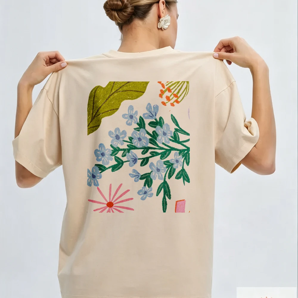 Fashion Floral Short Sleeve Crewneck Relaxed Fit Tunic Top Botanical Abstract Pink Leaf Flower Stem Geometric Shape Blouse Tops