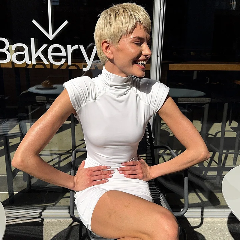 Ticketsx Turtleneck Sexy Mini Dress Women's Solid Shoulder Pad Sleeveless Ruched Zipper Dress Lady Fashion Club Party Tank Dress