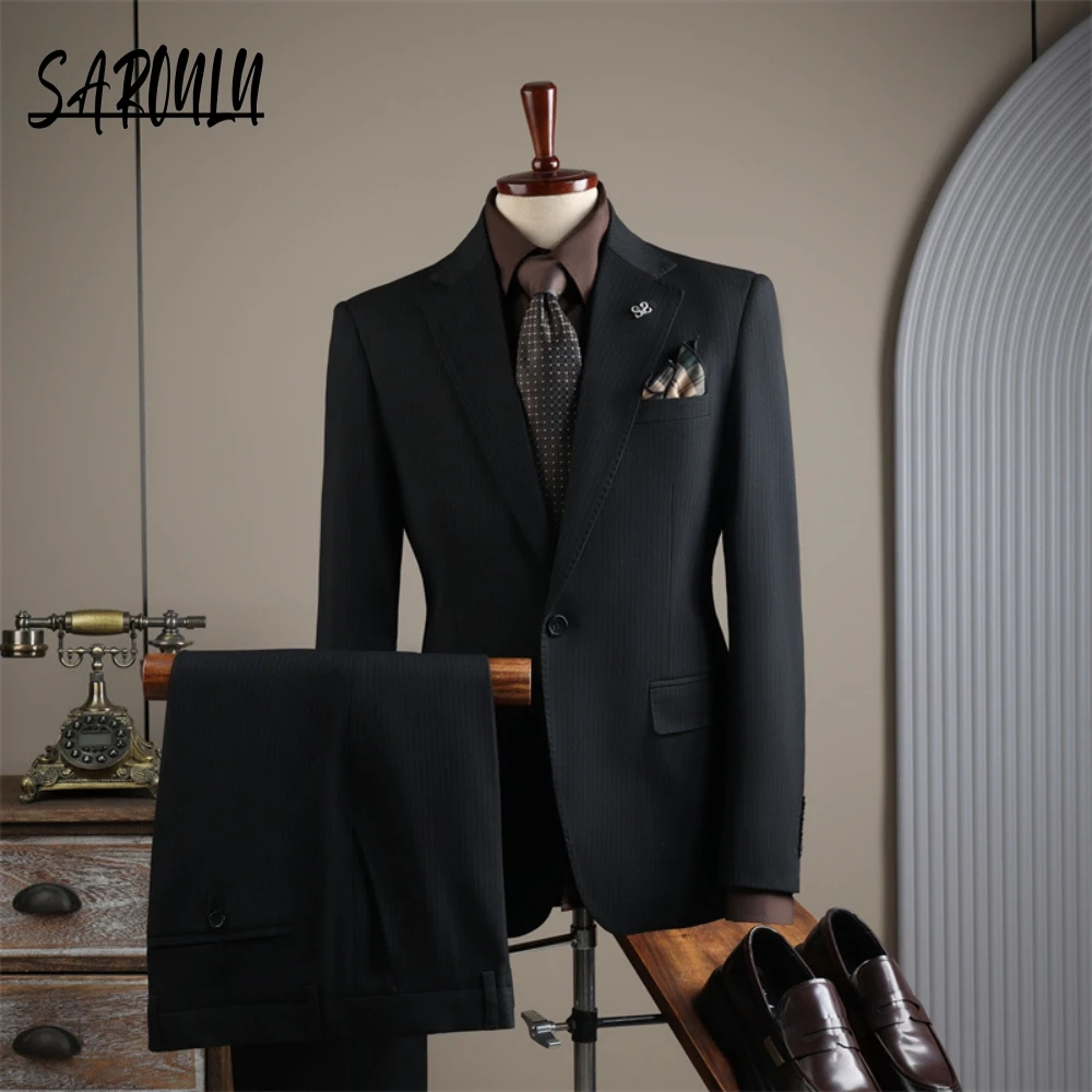 Slim Fitting Two Pieces Suit Set For Men Elegant Tuxedo Single Breasted Striped Dancing Outfit Handsome Notched Lapel Groom Wear