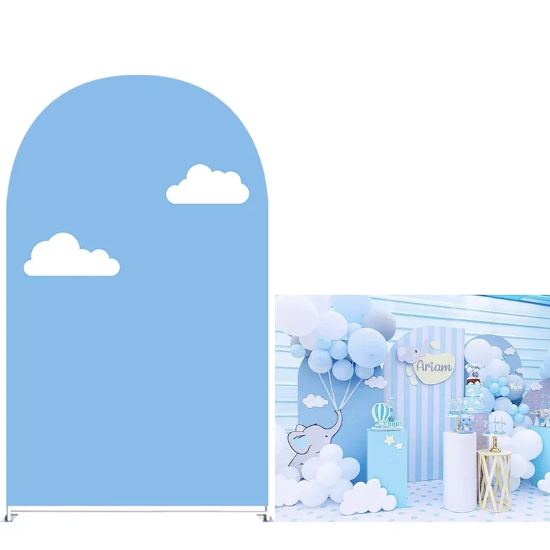 Mehofond Round Top Arch Cover for Newborn Baby Parties Background Blue Sky White Clouds Arched Covers Stretchy Backdrop Props