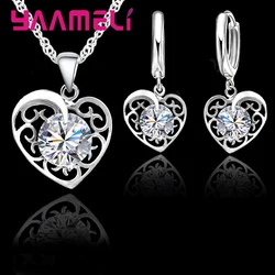 Romantic Heart Jewelry Set Women 925 Sterling Silver Wedding Pendant Necklace Charm Hoop Earring Elegant Party Gift