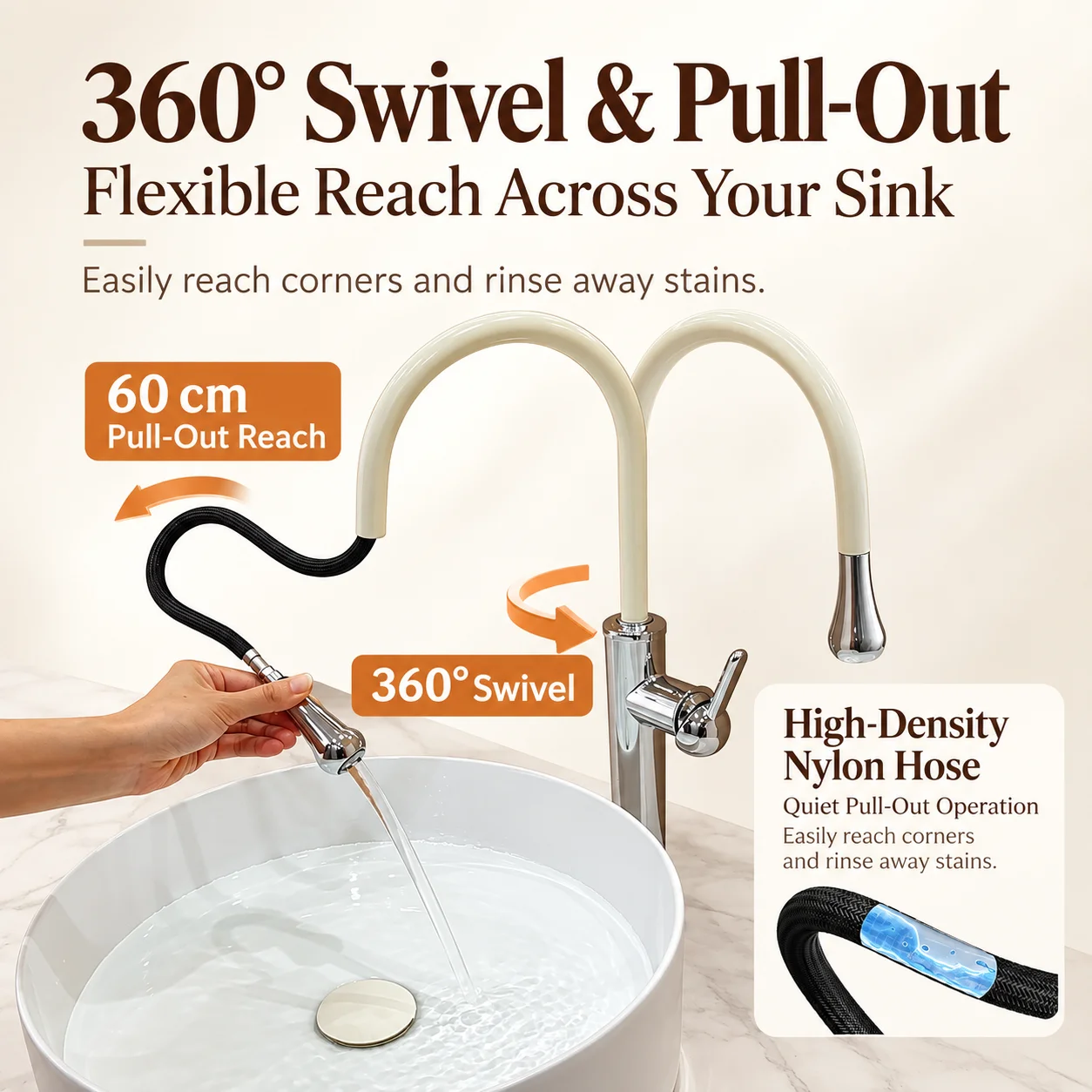 Pull Out Kitchen Faucet with 2 Mode Sprayer (Stream/Spray), Japanese Style Swivel Sink Faucet Suitable for Kitchen, Bar, Laundry