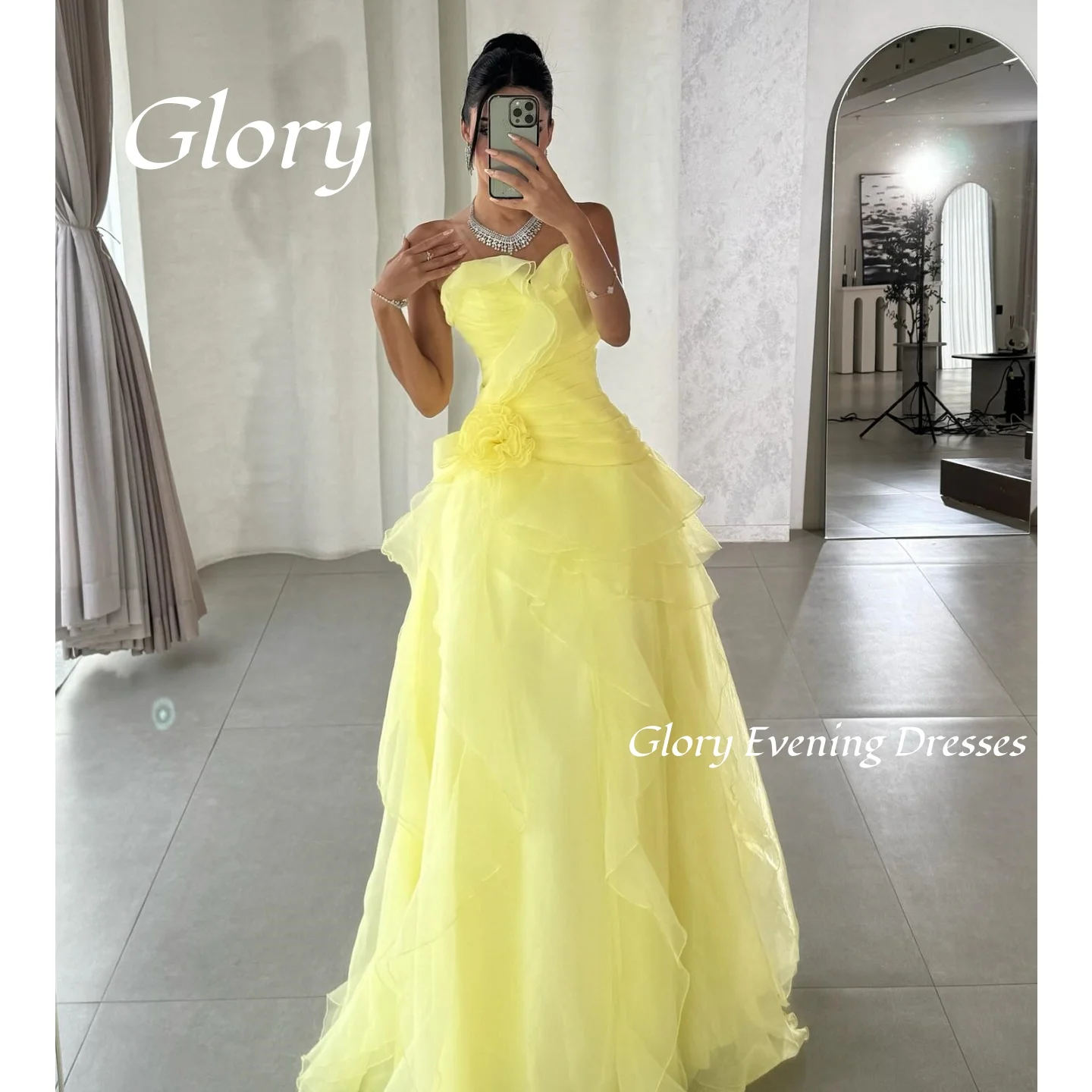 

Elegant Gorgeous Evening Party Gowns Lace Vintage Sweet Prom Dress Princess Yellow Ruffle Customized Formal Occasion Dress