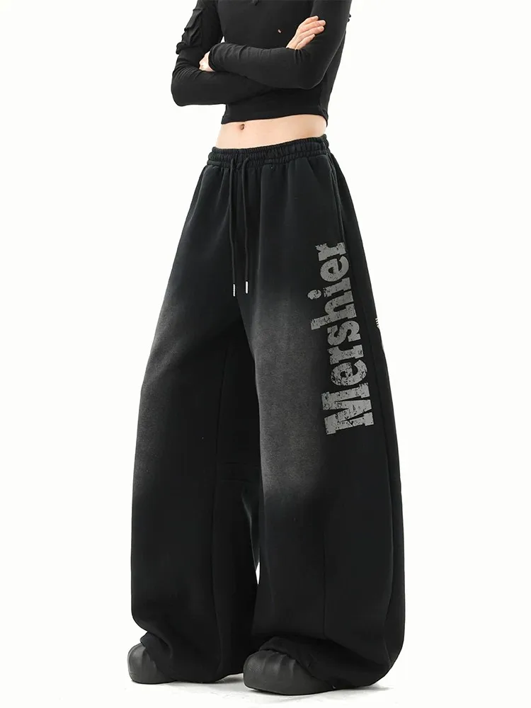 Gradient Vintage Letter Black Wide Leg Pants Women's Casual Sporty Loose Fit Spring Autumn High Street Style Harajuku Trousers