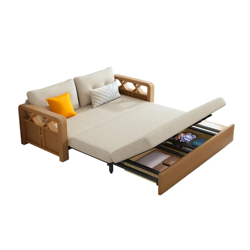 2024 new solid wood sofa bed small apartment Internet celebrity living room multi-function foldable sofa bed double dual use