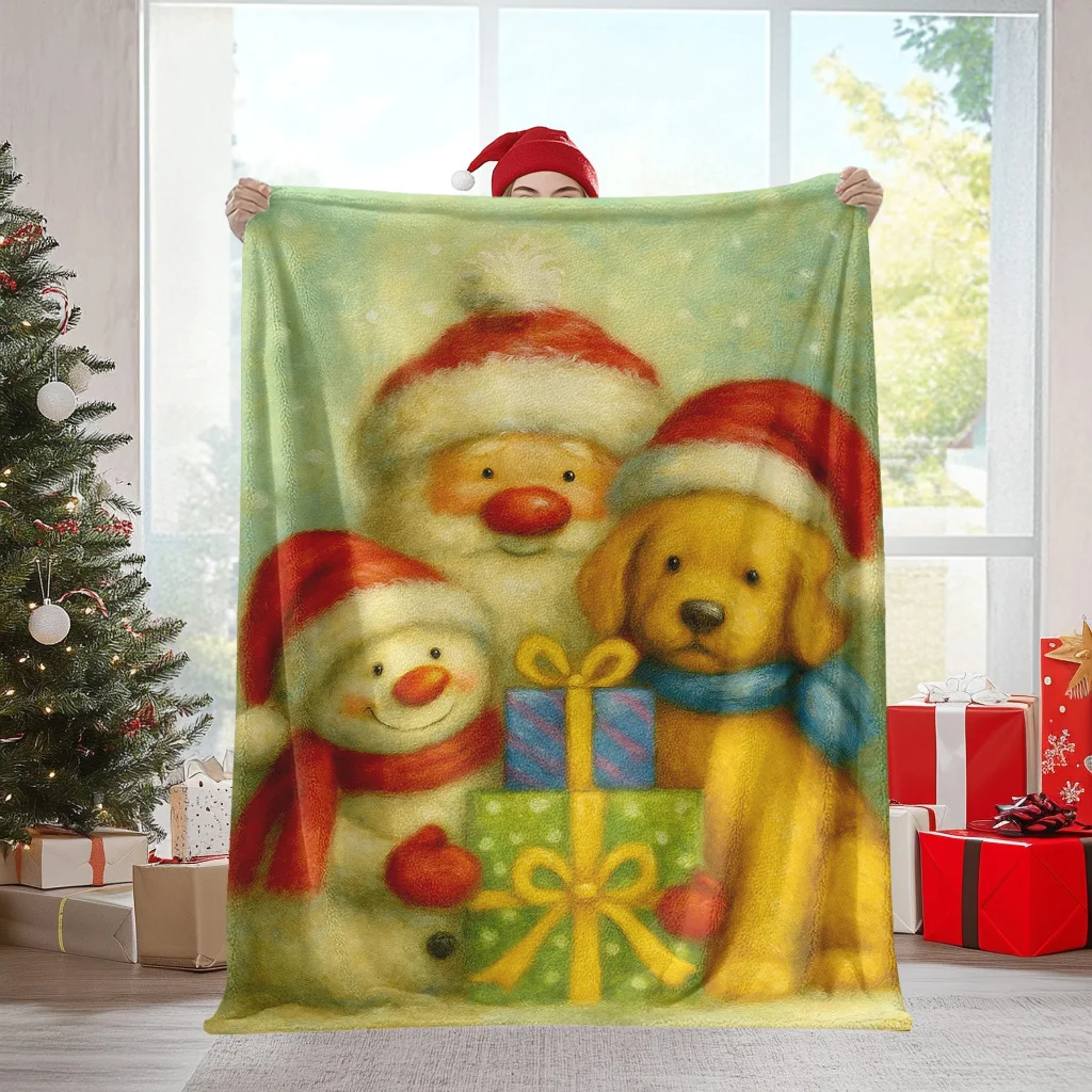 

1pc Cozy Flannel Christmas Blanket with Santa Dog & Snowman Print - Cute Golden Retriever Puppy, Snowmen & Rudolph-Like
