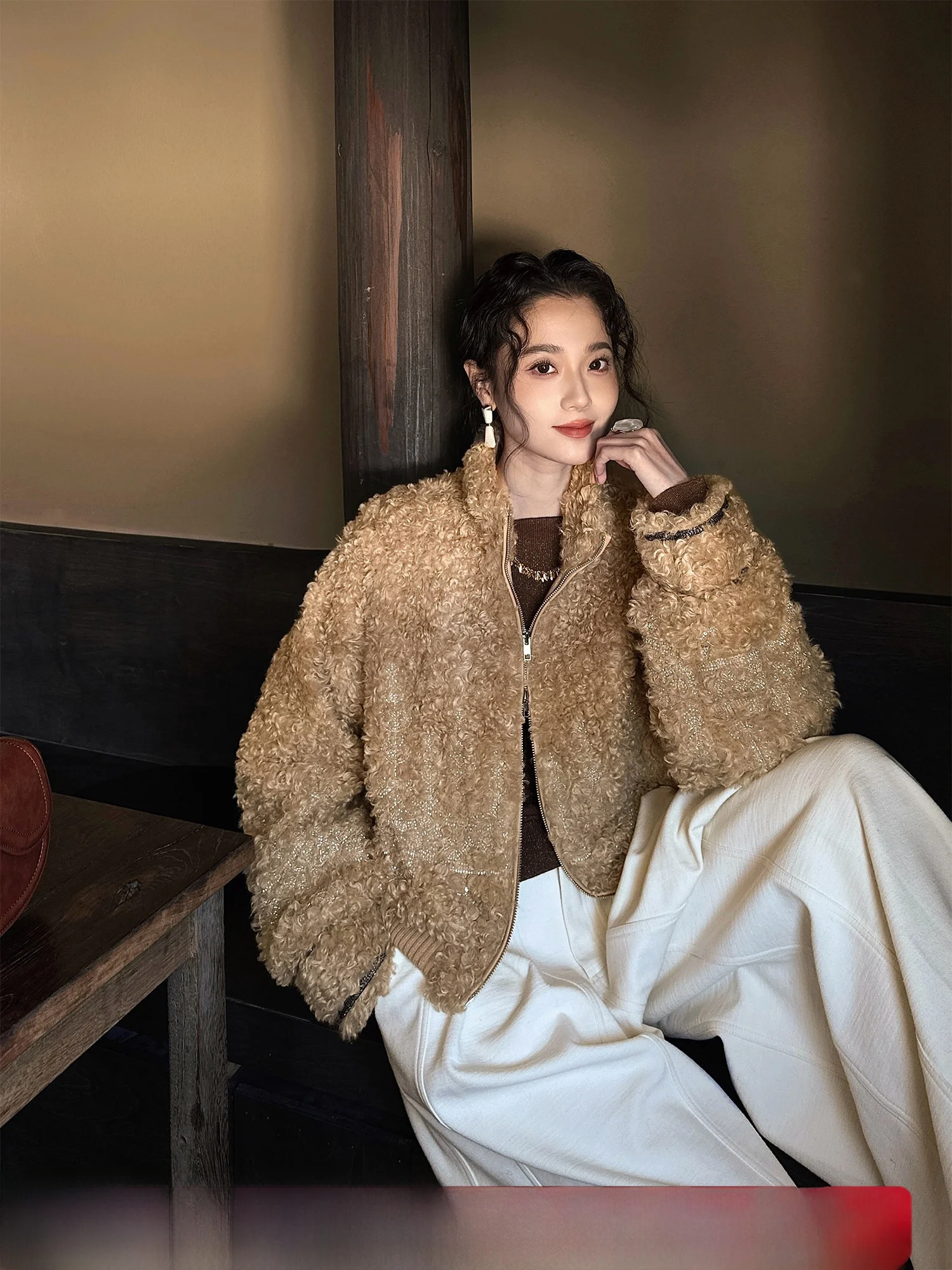 

Sanji Bla Flower New Chinese Sle Lamb Fur Jaet Women's Winter Faion Trendy Commute Loose Fit Long Sve Button up Coat