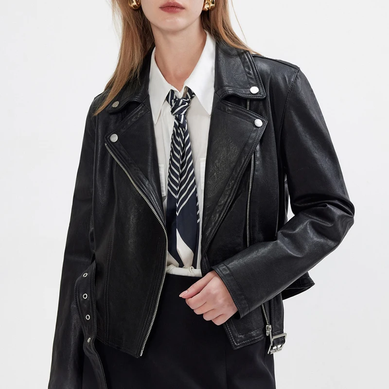 Veste en cuir véritable pour femme automne plante tannée peau de mouton noir/Cacao Moto Biker fermeture éclair mode sens ceinture mince Chaquetas