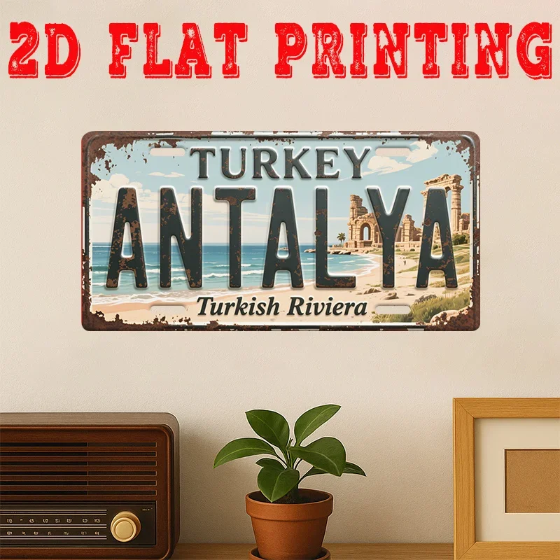 Letrero de metal 2D plano, 1 pieza, Riviera turca, mapa de Turquía mediterránea vintage, arte de pared con texto turco y inglés,