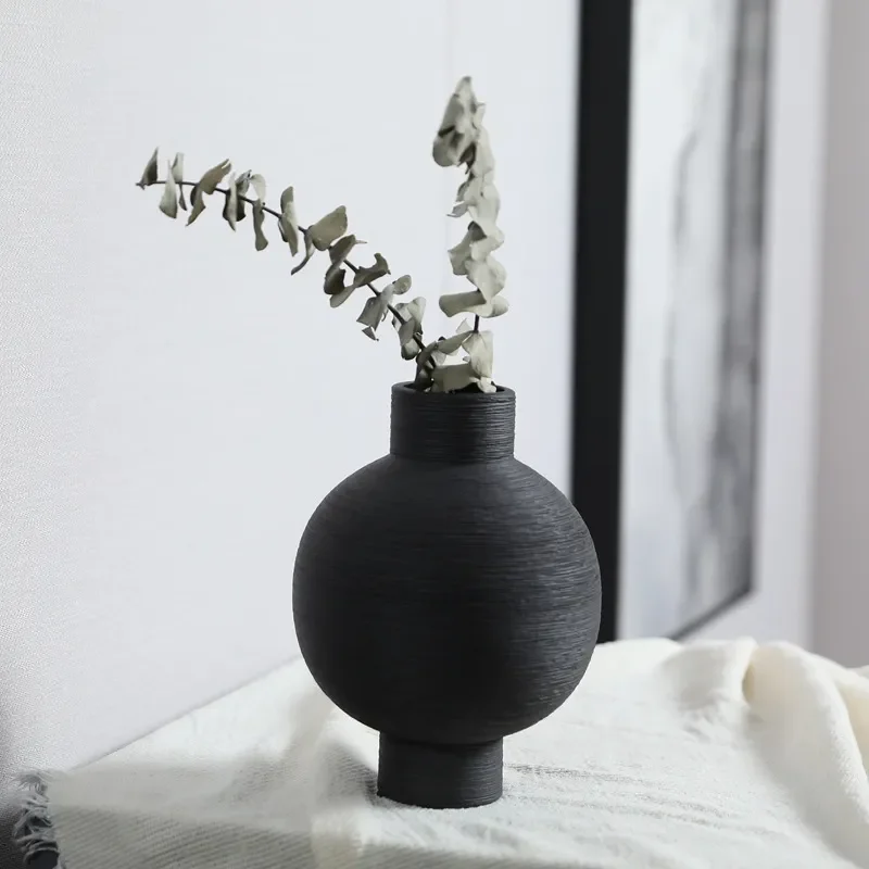 for Modern Wabi Sabi Black Ceramic Vase Ornament Living Room Dried Flower Arrangement Desktop Creative Flower Device Soft