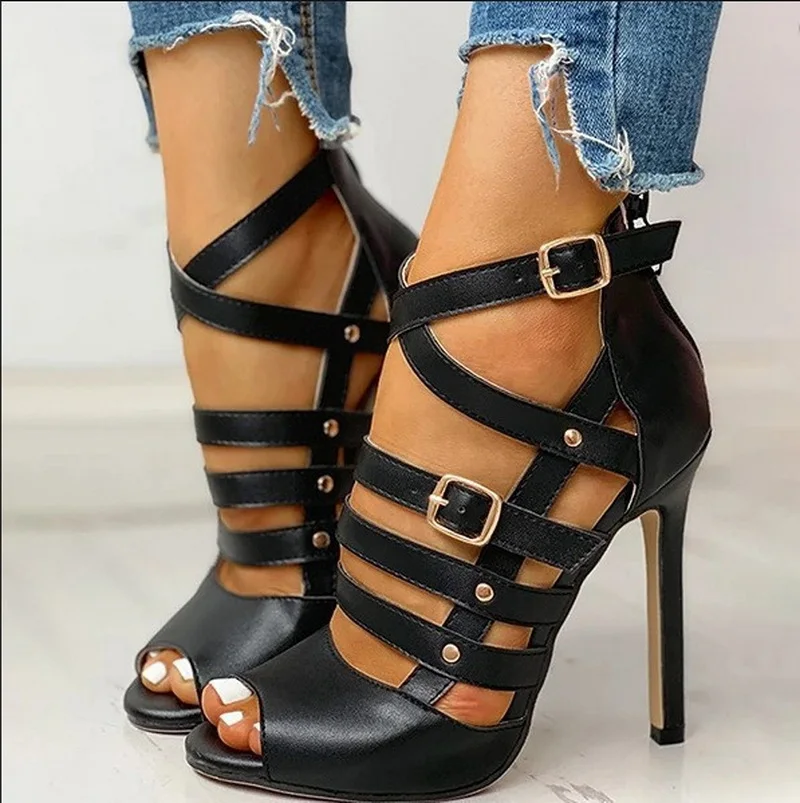 

CA 10CM High Heeled Sandals,Hollow Out Rivets Summer Shoes,Peep Toe,Back Zipper,Ankle Buckle,Cross Strap,Black,Brown,Dropship