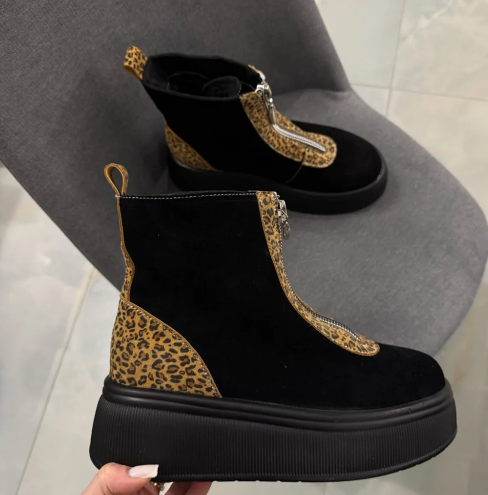 

Edgy Casual Design Black Suede Leopard Print Platform Ankle Boots Chunky Sole Front Zipper Contrast Animal Pattern Street Style