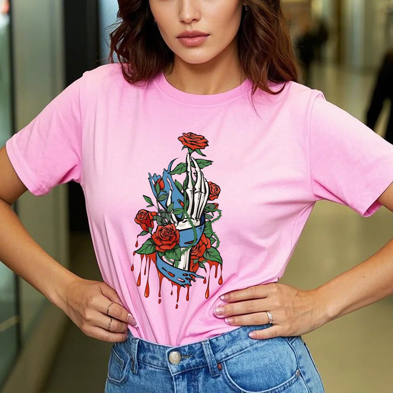 ファッションスケルトンローズプリントストリートTシャツ半袖ラウンドネックカジュアル多用途レディースTシャツ