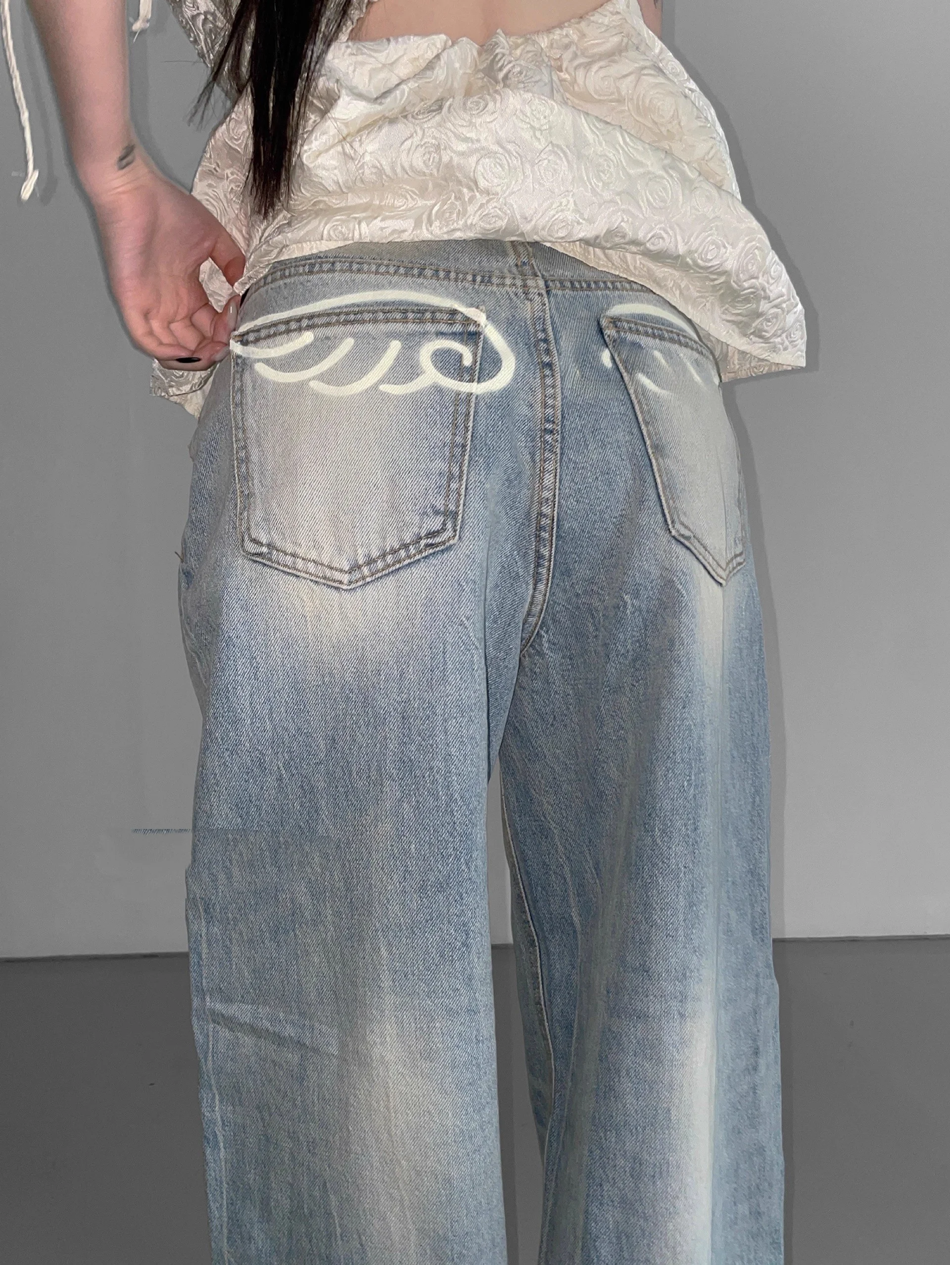 

Street Sle Waed Loose Angel Wings Design Slimming Jeans High Waist Wide Leg Casual Summer Denim Trousers for Women